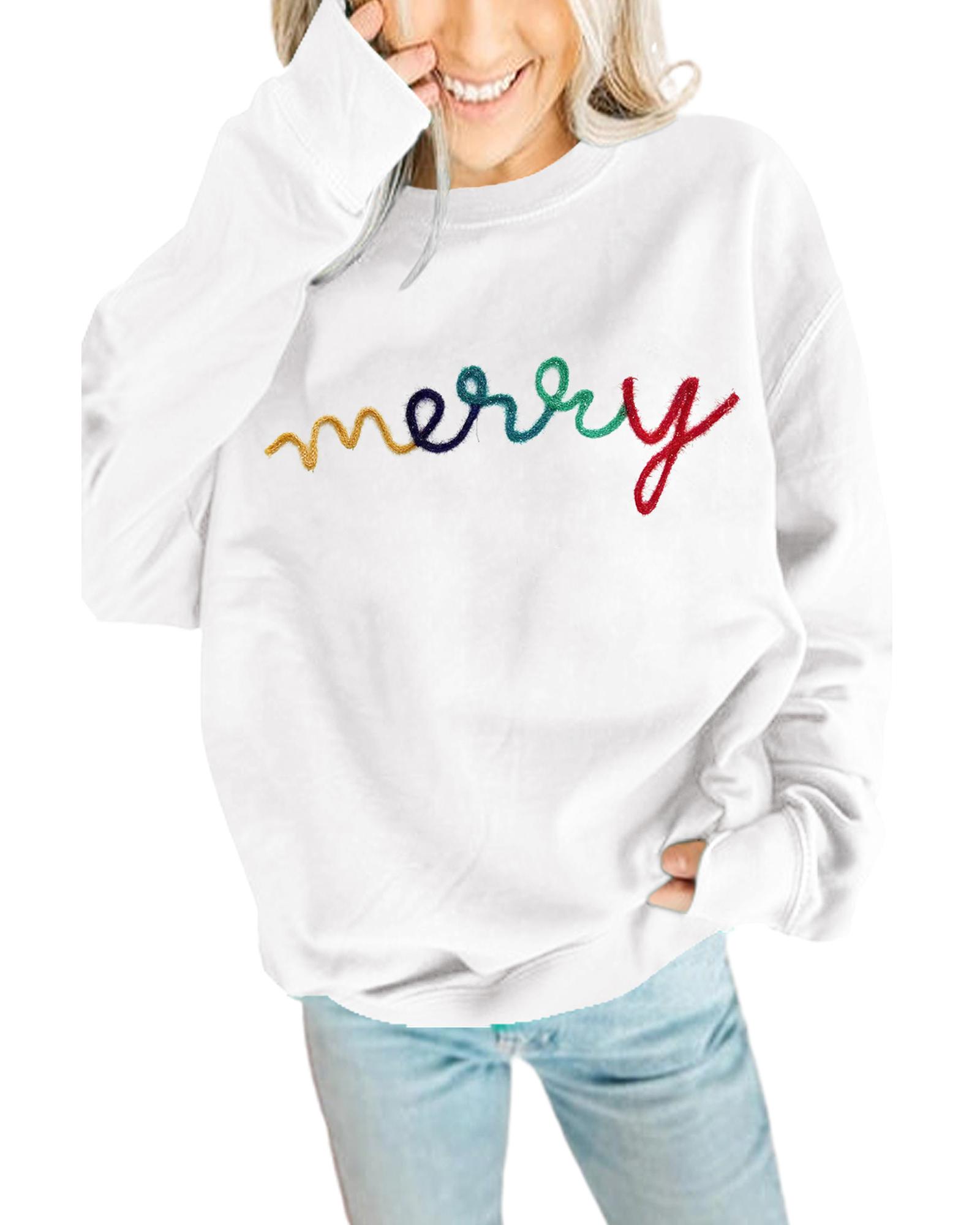 White MERRY Graphic Pullover Sweatshirt