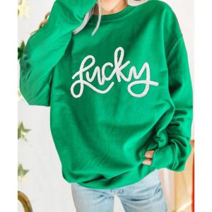 Green LUCKY Aphabet Chenille Embroidered Pullover Sweatshirt