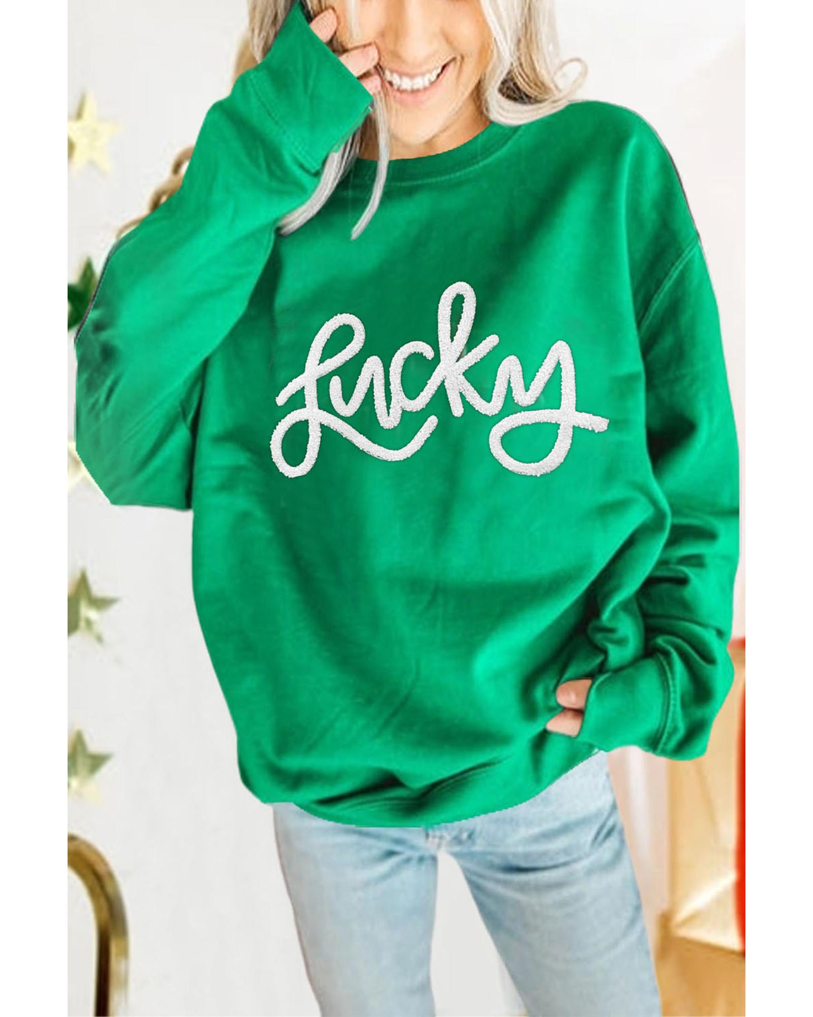 Green LUCKY Aphabet Chenille Embroidered Pullover Sweatshirt