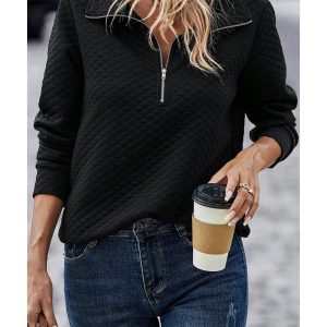 Black Solid Half Zipper Quilted Pullover Sweatshirt