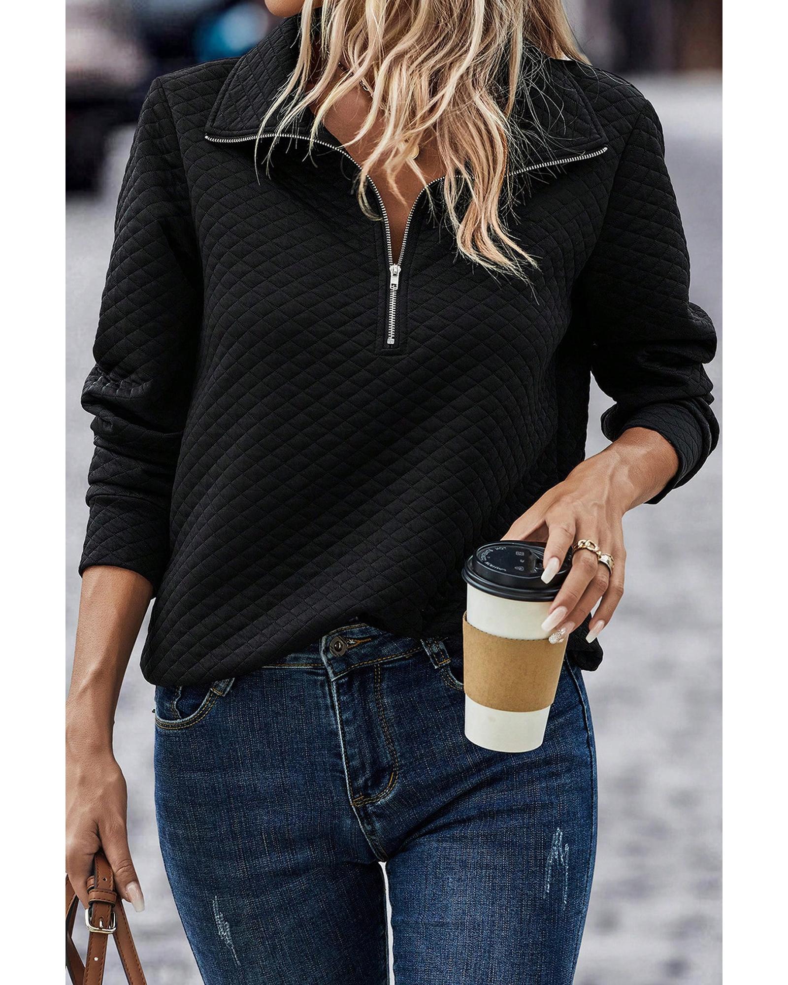 Black Solid Half Zipper Quilted Pullover Sweatshirt