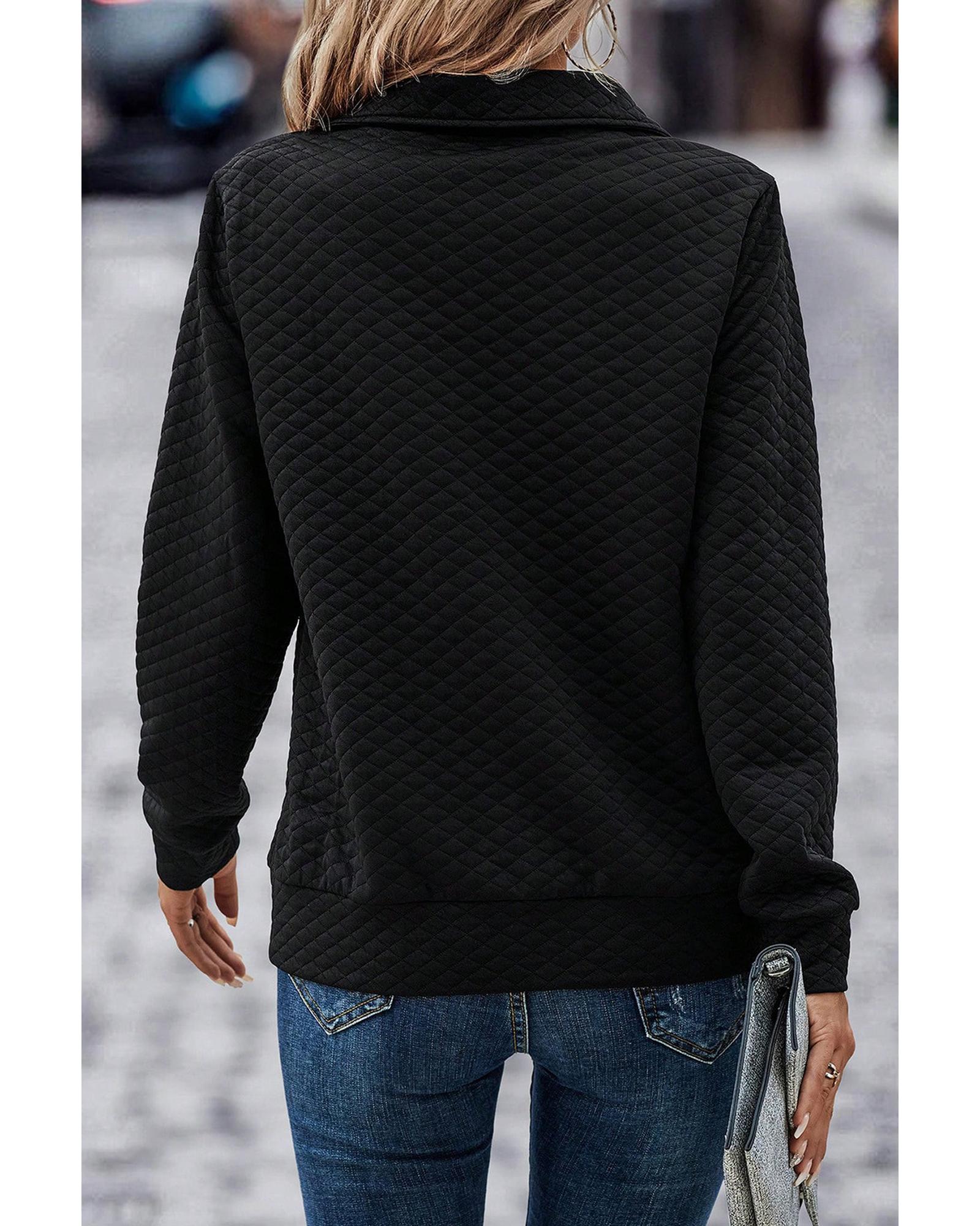 Black Solid Half Zipper Quilted Pullover Sweatshirt - Image 3