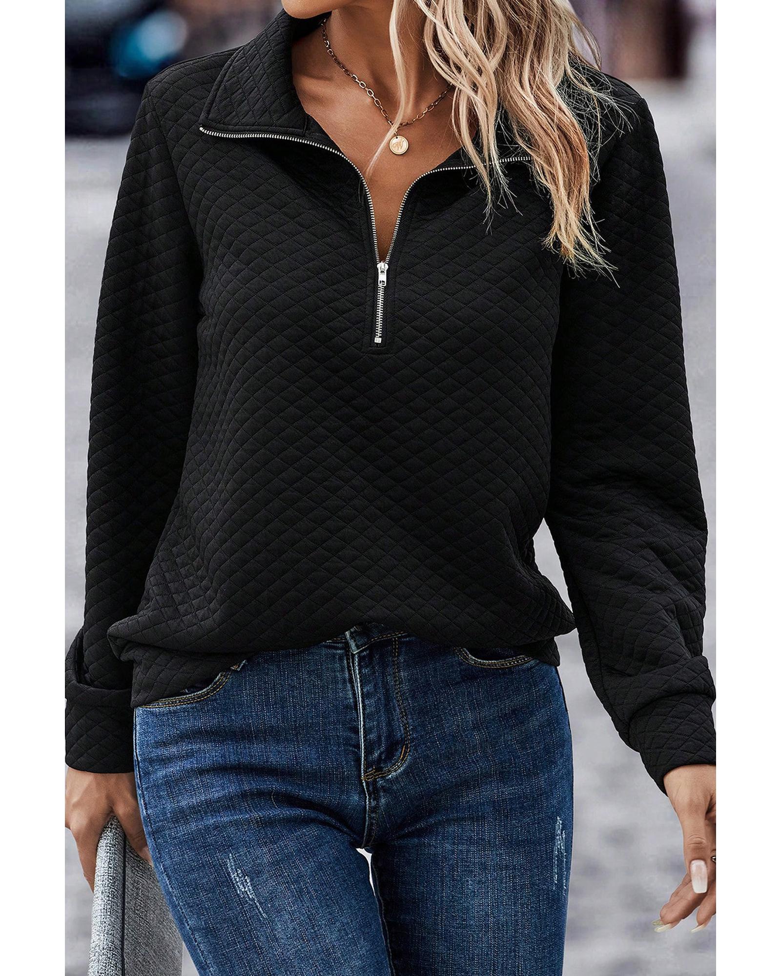 Black Solid Half Zipper Quilted Pullover Sweatshirt - Image 4