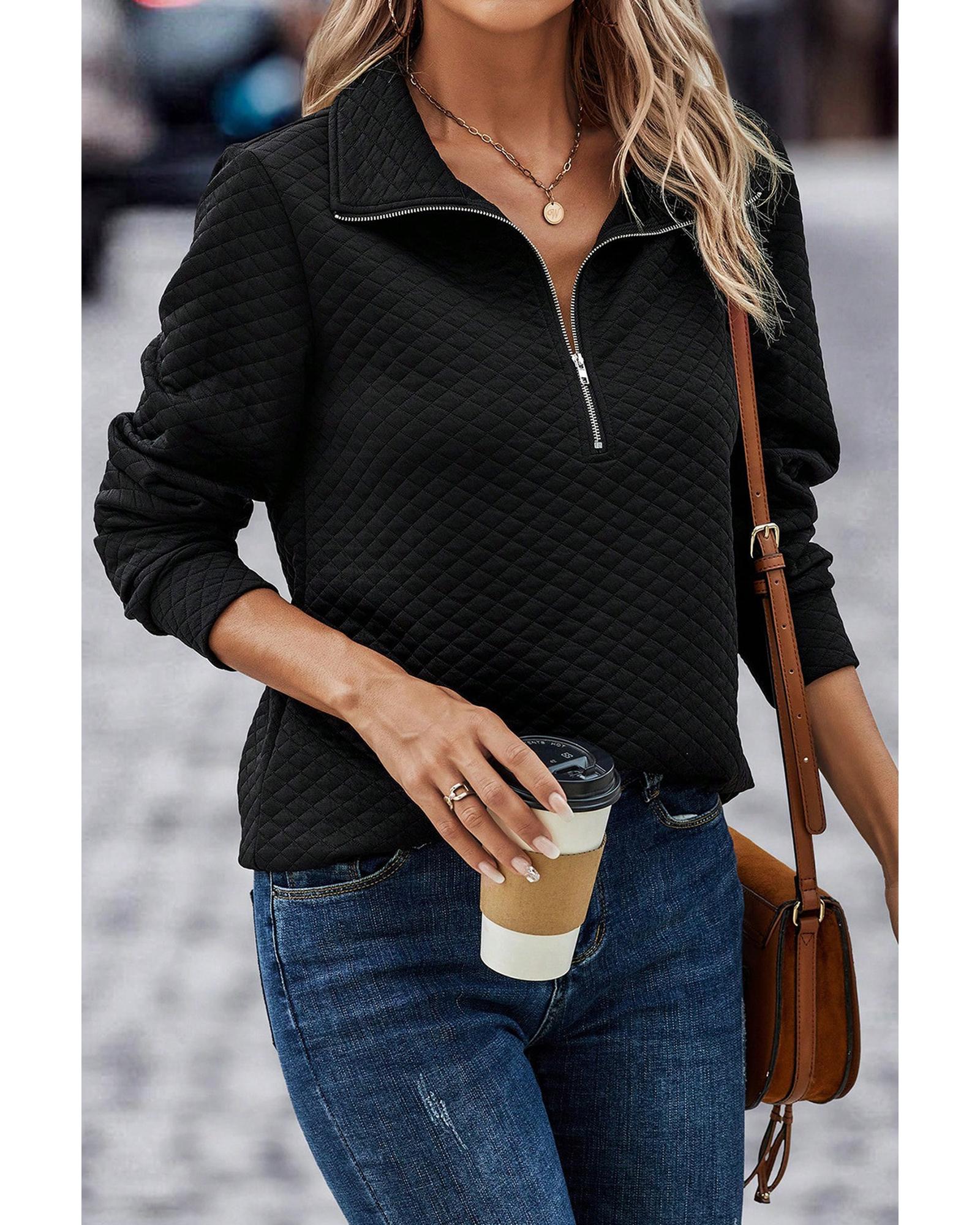 Black Solid Half Zipper Quilted Pullover Sweatshirt - Image 5