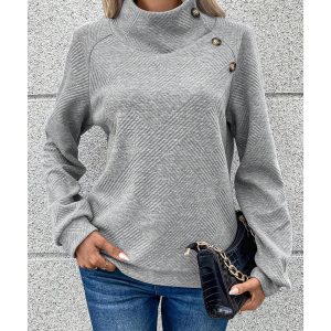 Gray Asymmetric Buttons Detail High Neck Textured Sweatshirt