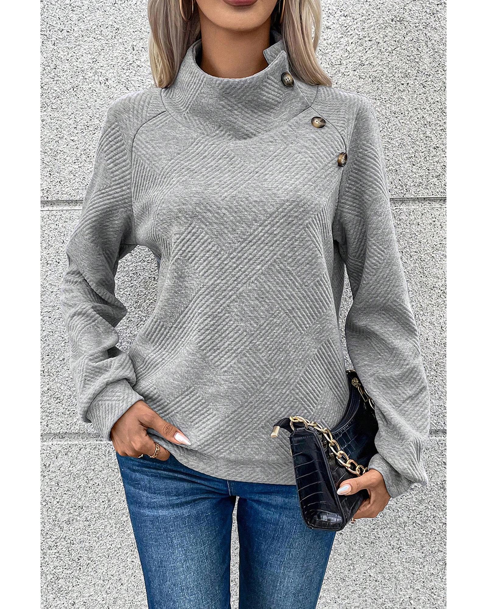 Gray Asymmetric Buttons Detail High Neck Textured Sweatshirt