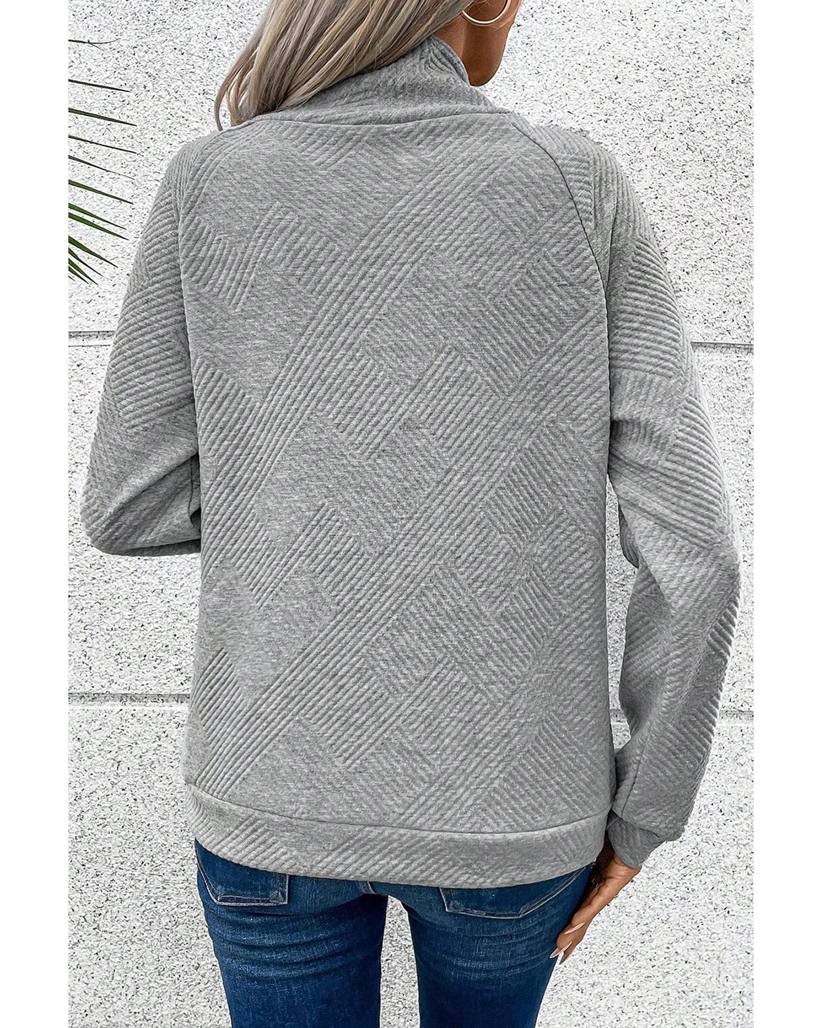 Gray Asymmetric Buttons Detail High Neck Textured Sweatshirt - Image 2