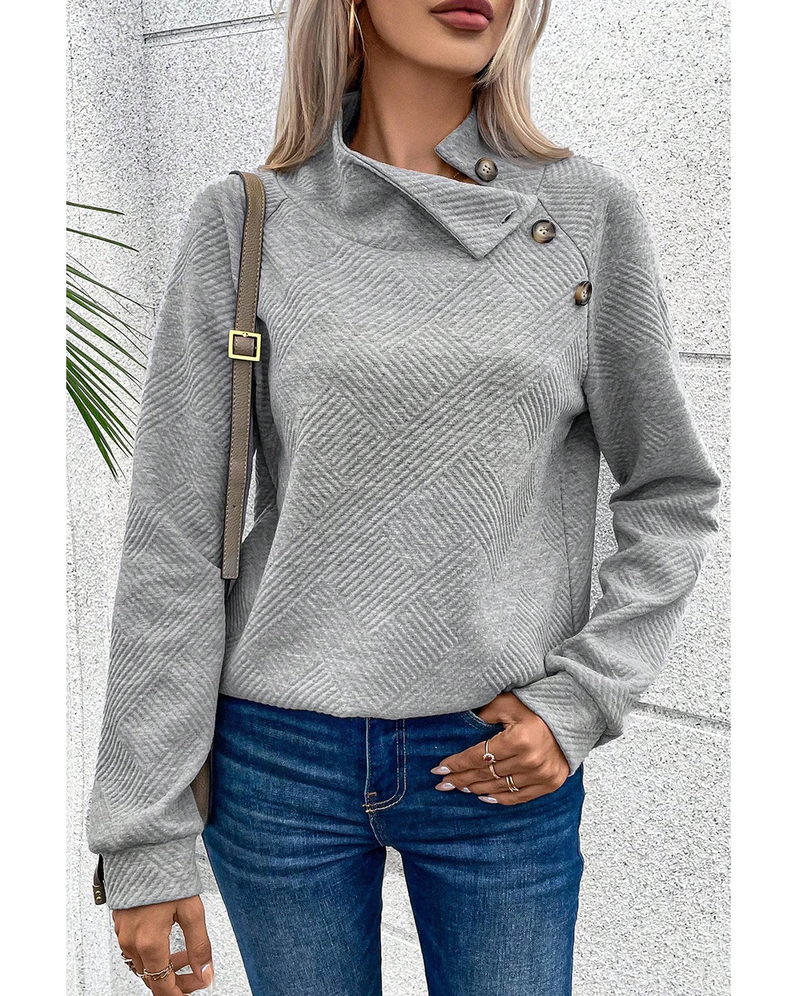 Gray Asymmetric Buttons Detail High Neck Textured Sweatshirt - Image 3