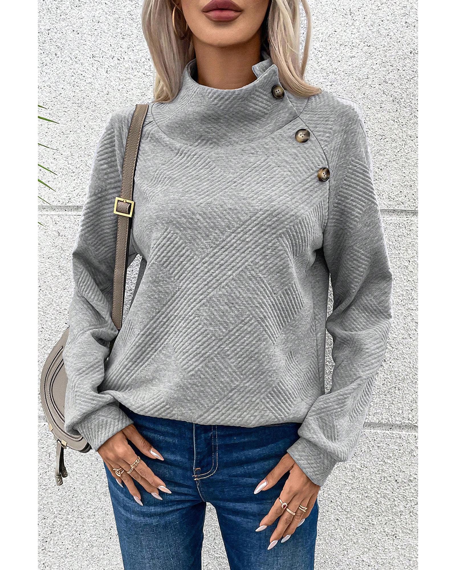 Gray Asymmetric Buttons Detail High Neck Textured Sweatshirt - Image 6