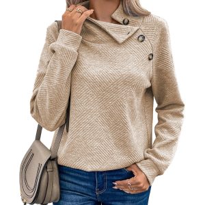 Apricot Asymmetric Buttons Detail High Neck Textured Sweatshirt