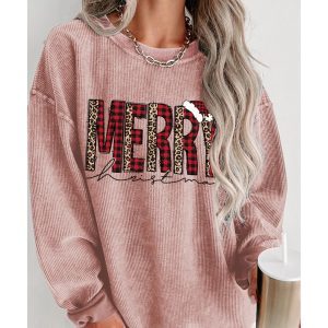 Pink MERRY Christmas Plaid Leopard Print Corded Sweatshirt