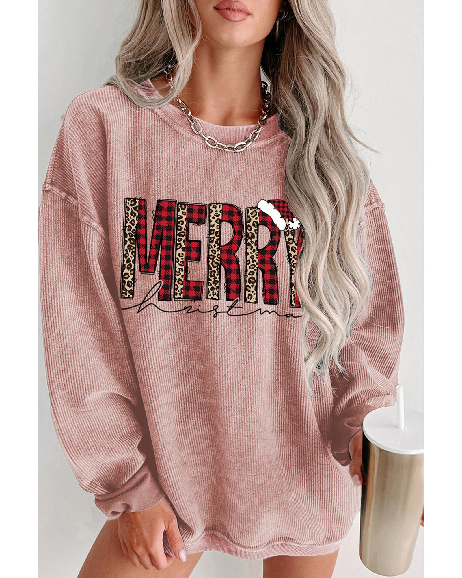 Pink MERRY Christmas Plaid Leopard Print Corded Sweatshirt