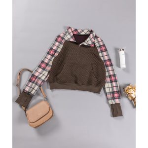 Khaki Printed Plaid Sleeve Patchwork Collared Textured Sweatshirt