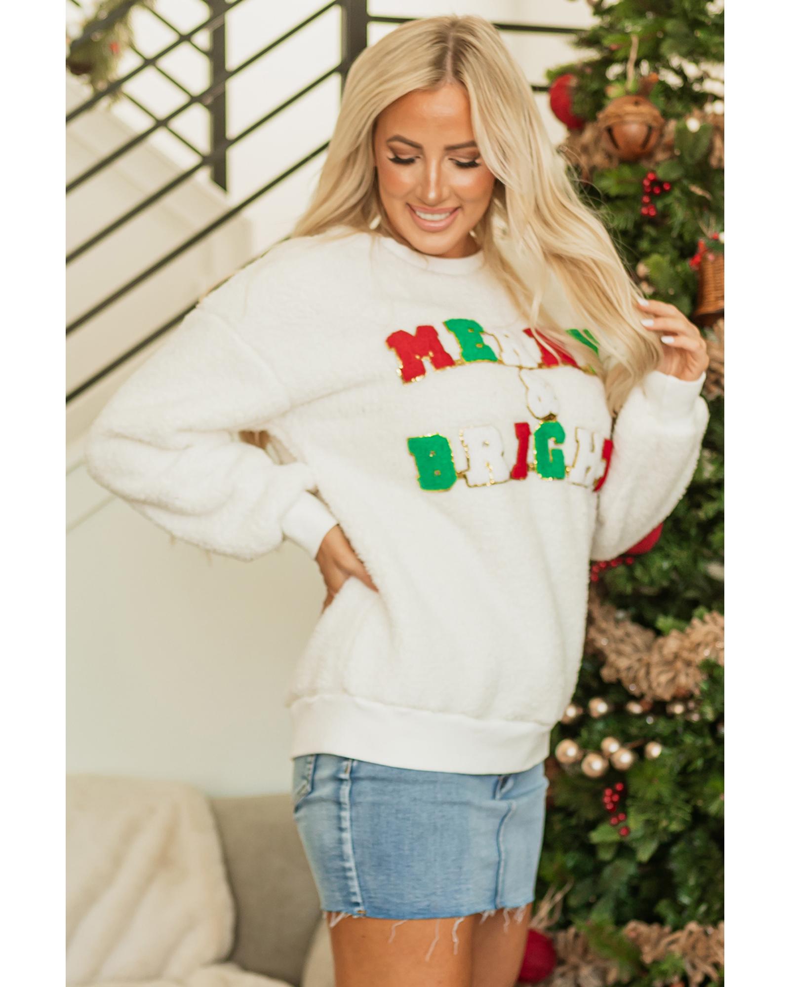 White Christmas MERRY & Bright Chenille Graphic Sherpa Sweatshirt - Image 2