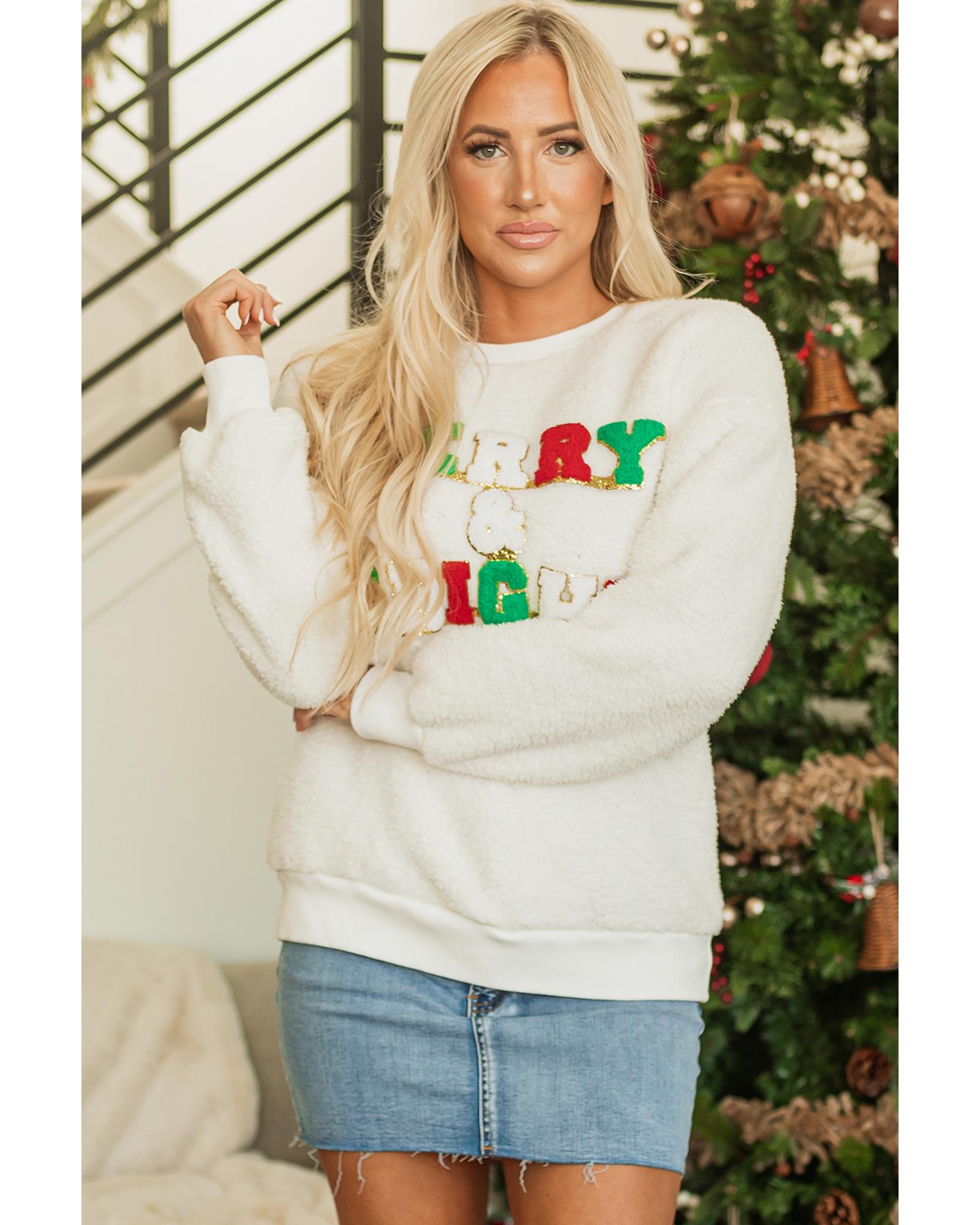 White Christmas MERRY & Bright Chenille Graphic Sherpa Sweatshirt - Image 4
