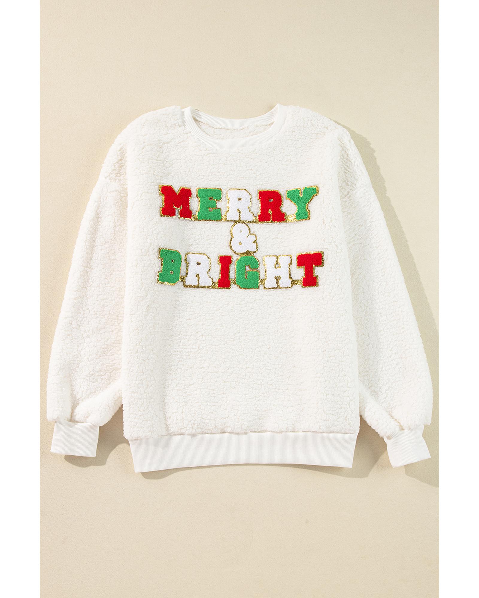 White Christmas MERRY & Bright Chenille Graphic Sherpa Sweatshirt - Image 6