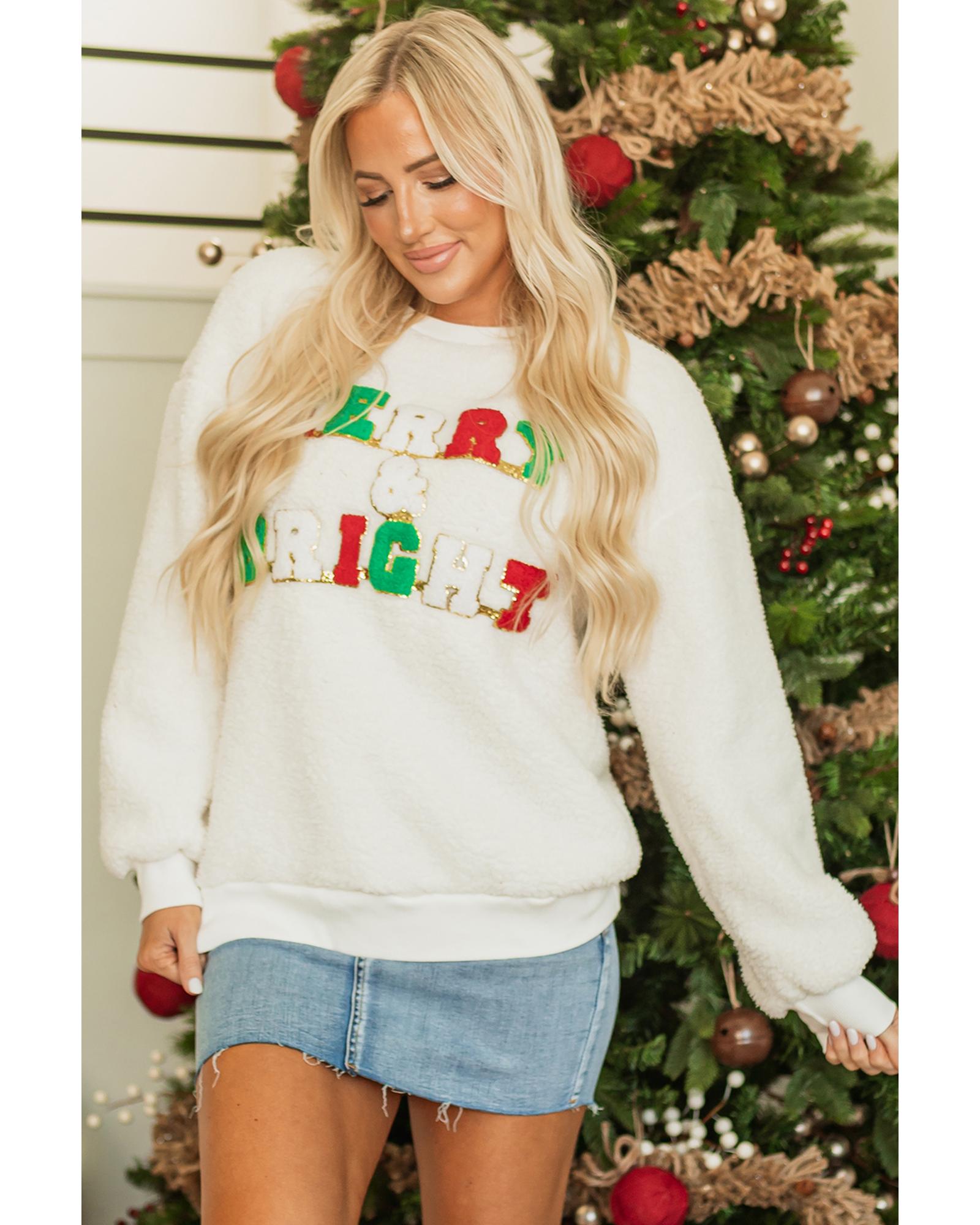 White Christmas MERRY & Bright Chenille Graphic Sherpa Sweatshirt - Image 7