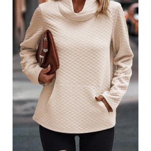 Apricot High Neck Kangaroo Pocket Quilted Sweatshirt