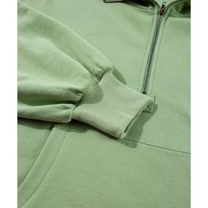 Smoke Green Fleece Lined Half Zipper Kangaroo Pockets Loose Hoodie