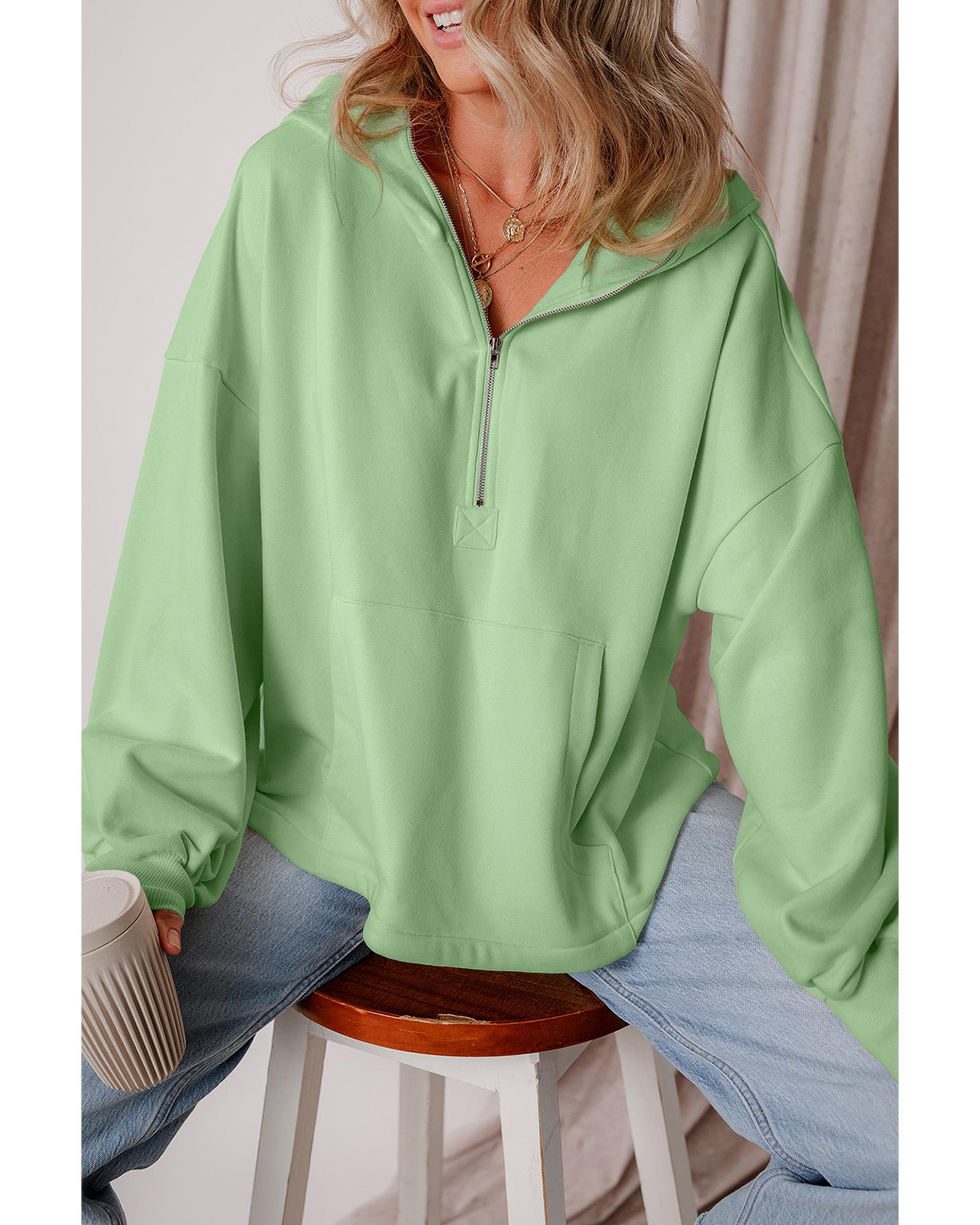 Smoke Green Fleece Lined Half Zipper Kangaroo Pockets Loose Hoodie - Image 2