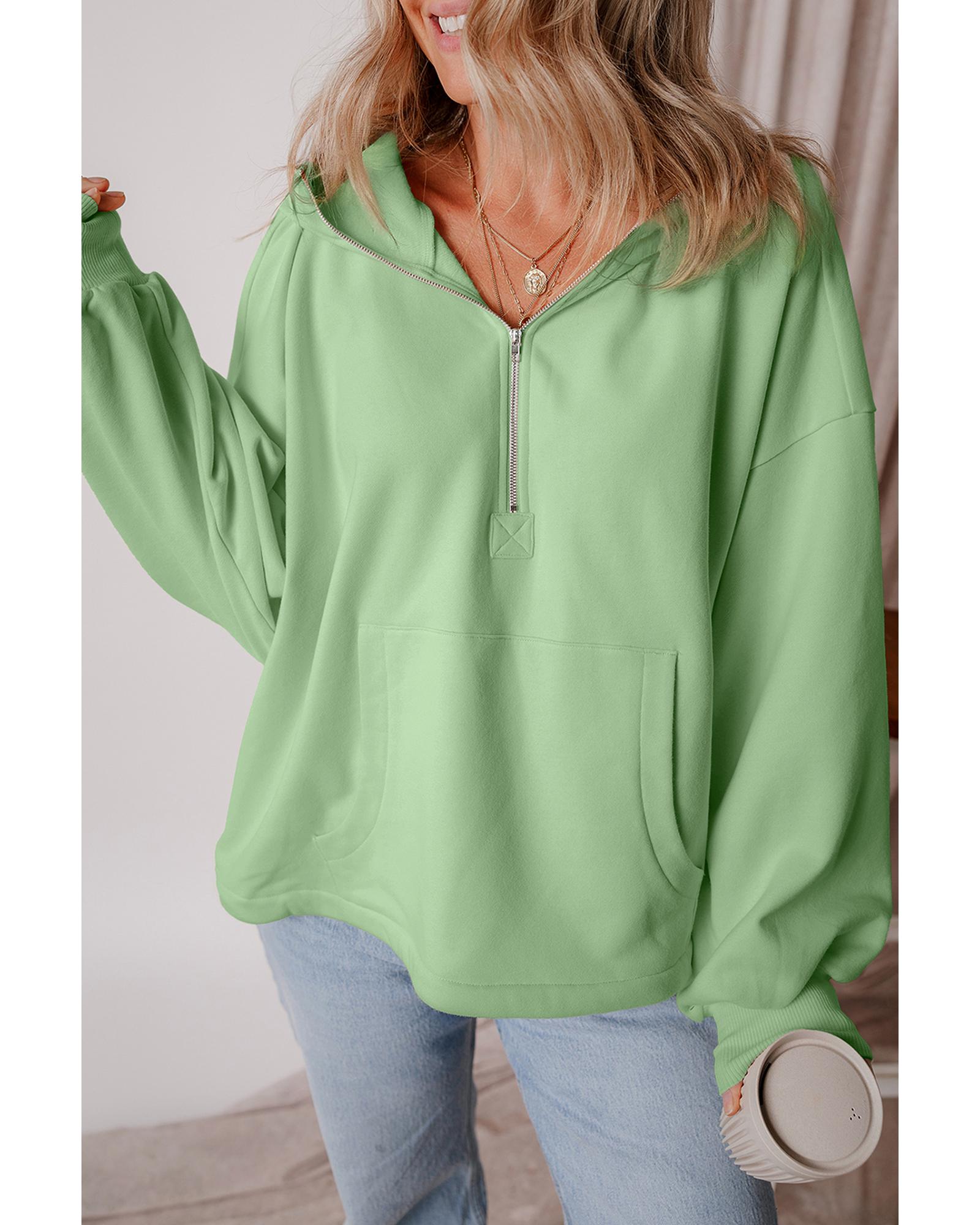 Smoke Green Fleece Lined Half Zipper Kangaroo Pockets Loose Hoodie - Image 3