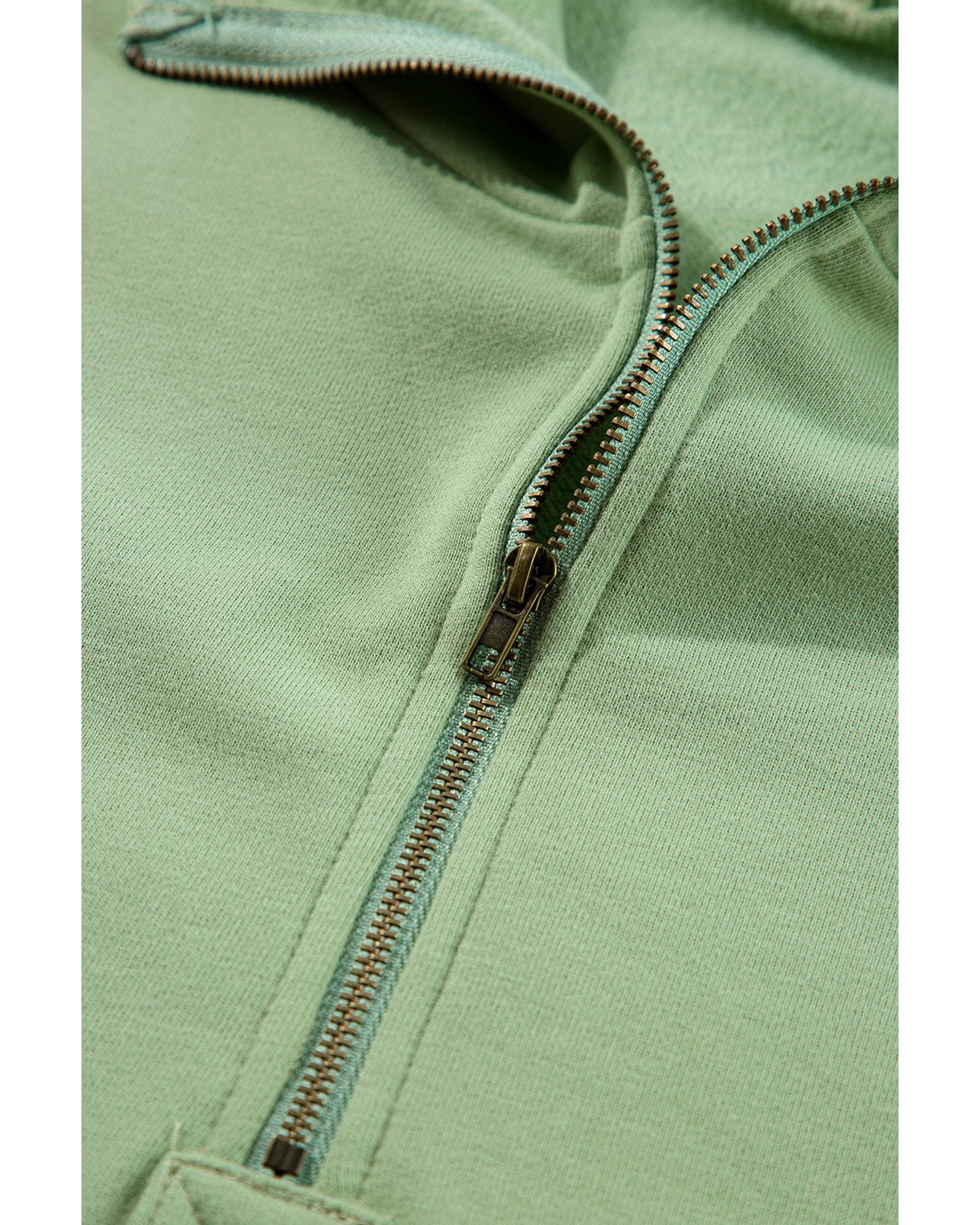 Smoke Green Fleece Lined Half Zipper Kangaroo Pockets Loose Hoodie - Image 4