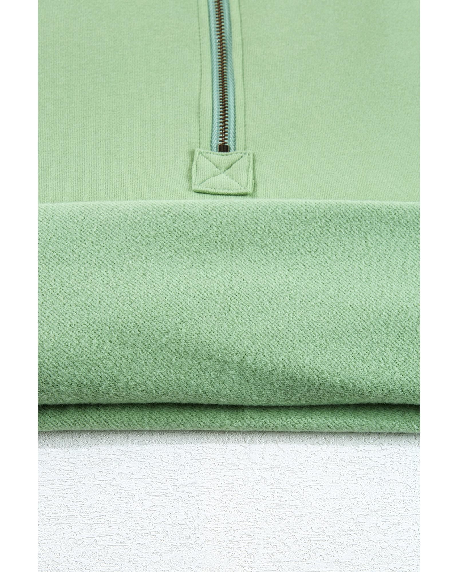 Smoke Green Fleece Lined Half Zipper Kangaroo Pockets Loose Hoodie - Image 5