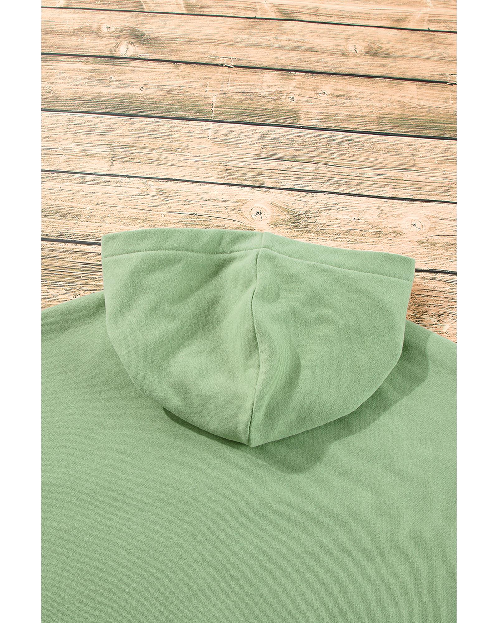Smoke Green Fleece Lined Half Zipper Kangaroo Pockets Loose Hoodie - Image 8