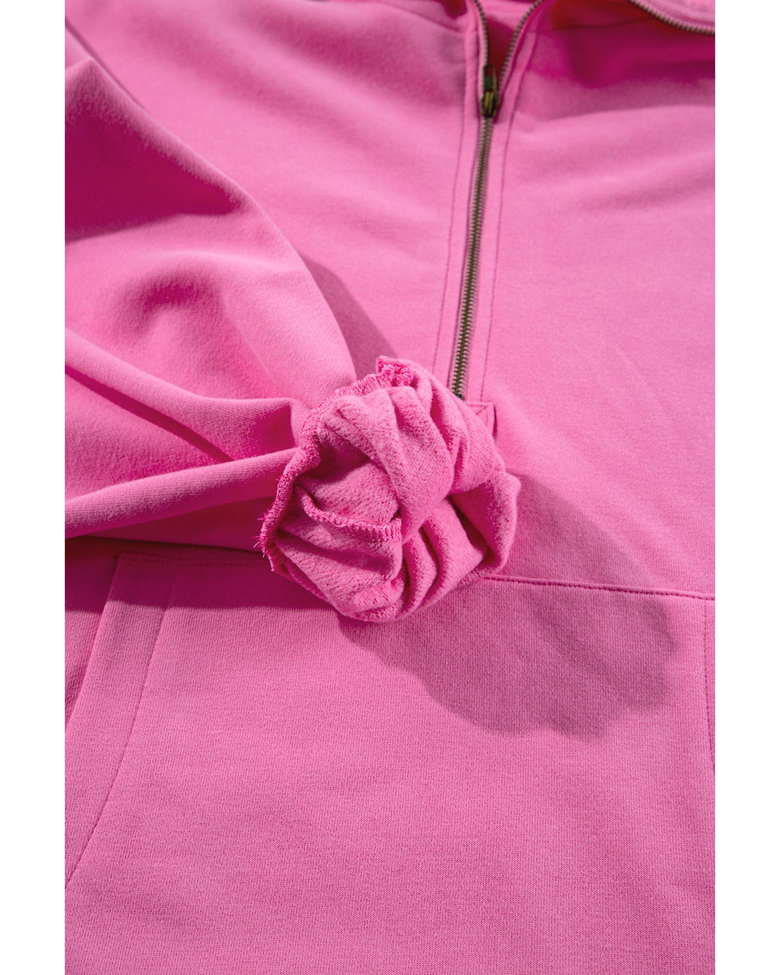 Bonbon Fleece Lined Half Zipper Kangaroo Pockets Loose Hoodie - Image 2