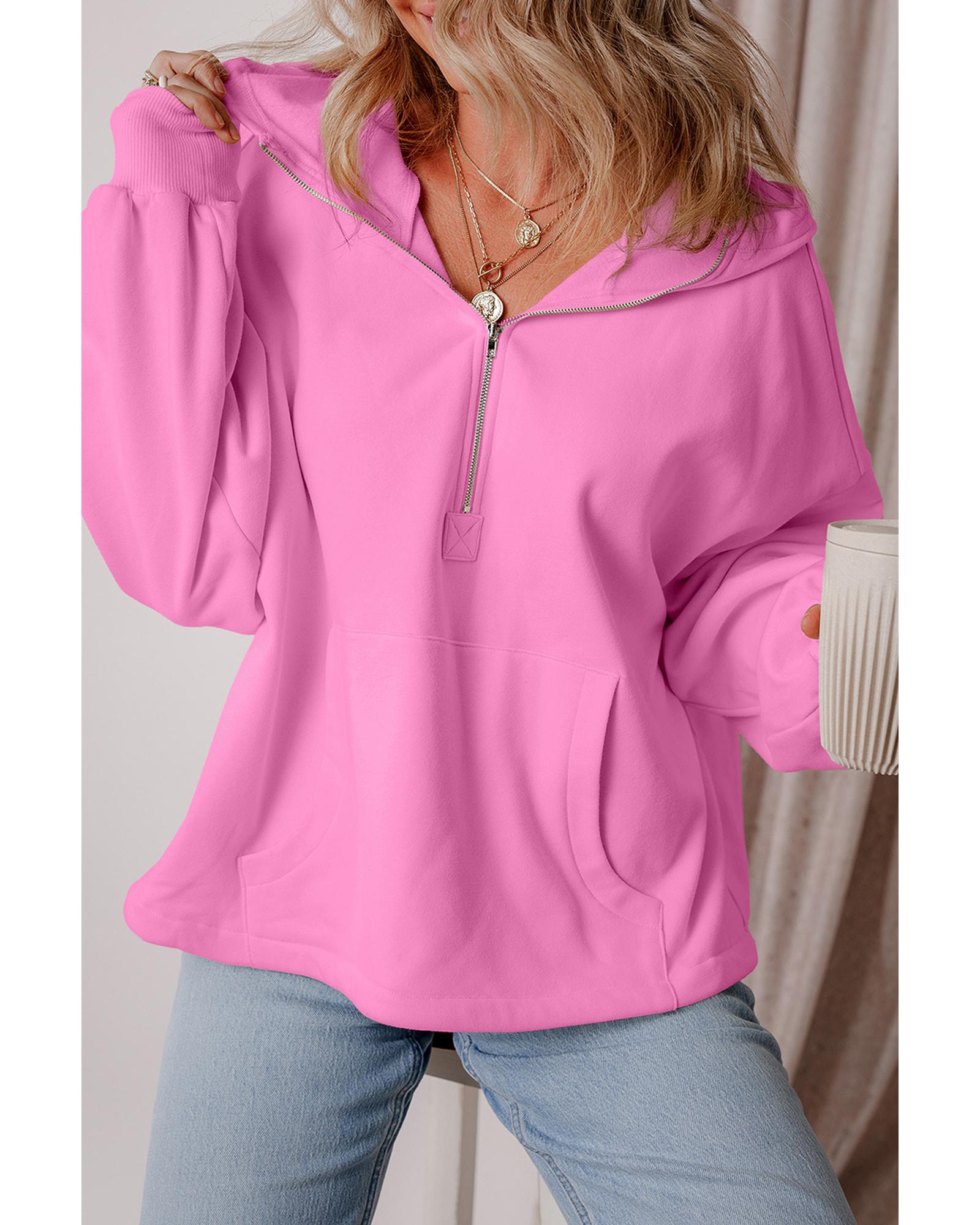 Bonbon Fleece Lined Half Zipper Kangaroo Pockets Loose Hoodie - Image 4