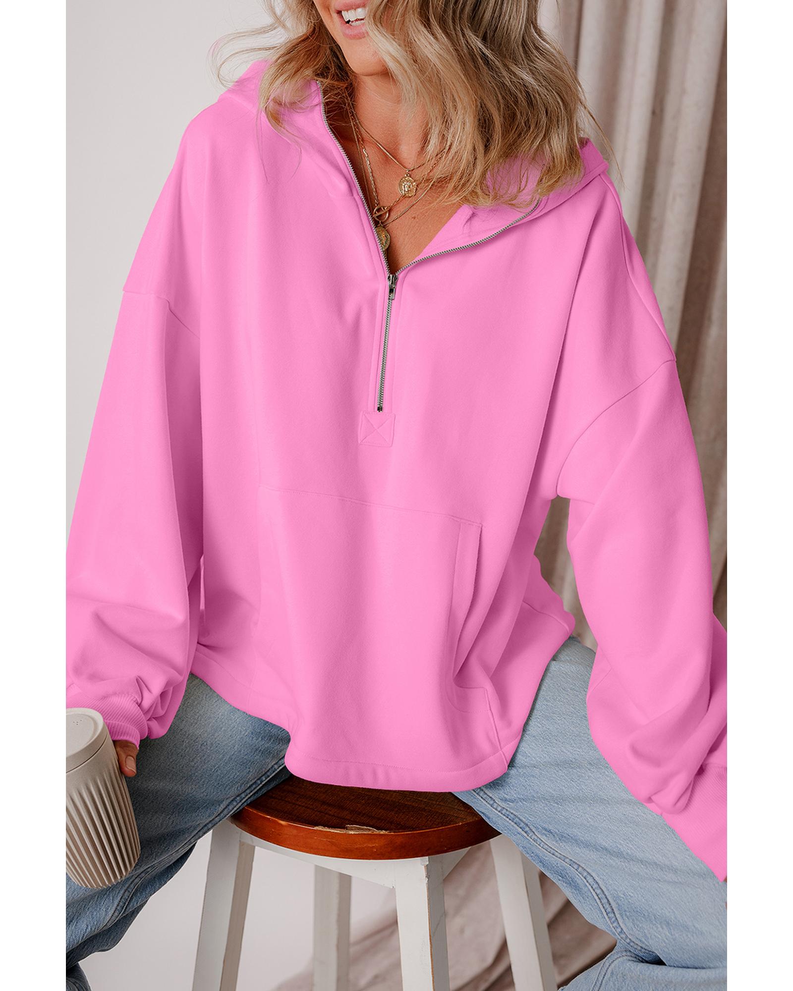 Bonbon Fleece Lined Half Zipper Kangaroo Pockets Loose Hoodie - Image 5