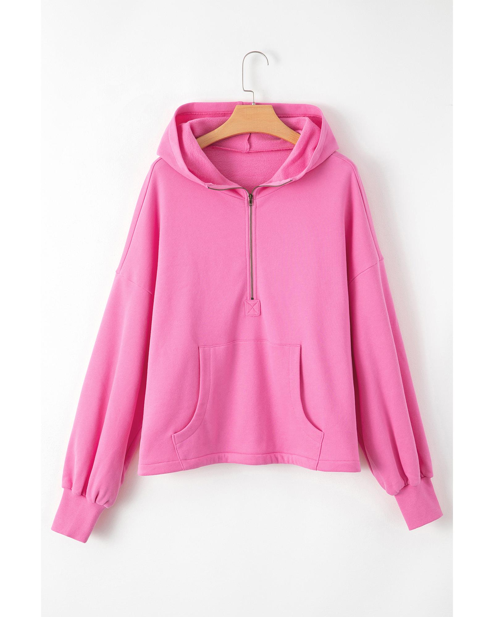 Bonbon Fleece Lined Half Zipper Kangaroo Pockets Loose Hoodie - Image 7