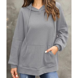 Gray Waffle Knit Fleece Lined High Low Oversized Hoodie