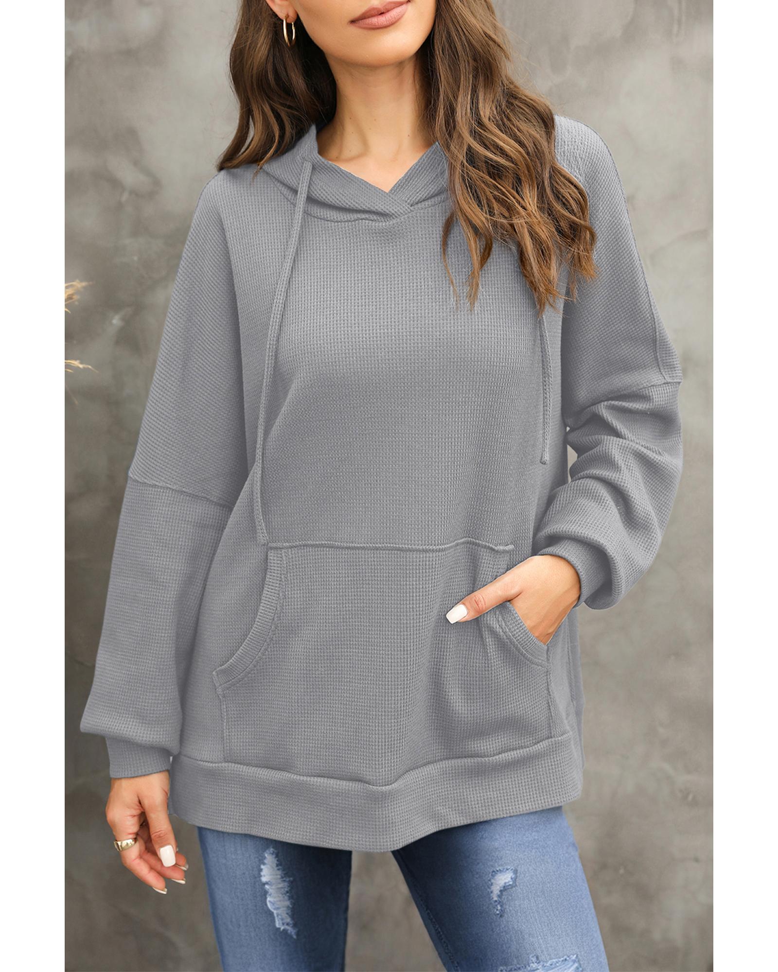 Gray Waffle Knit Fleece Lined High Low Oversized Hoodie
