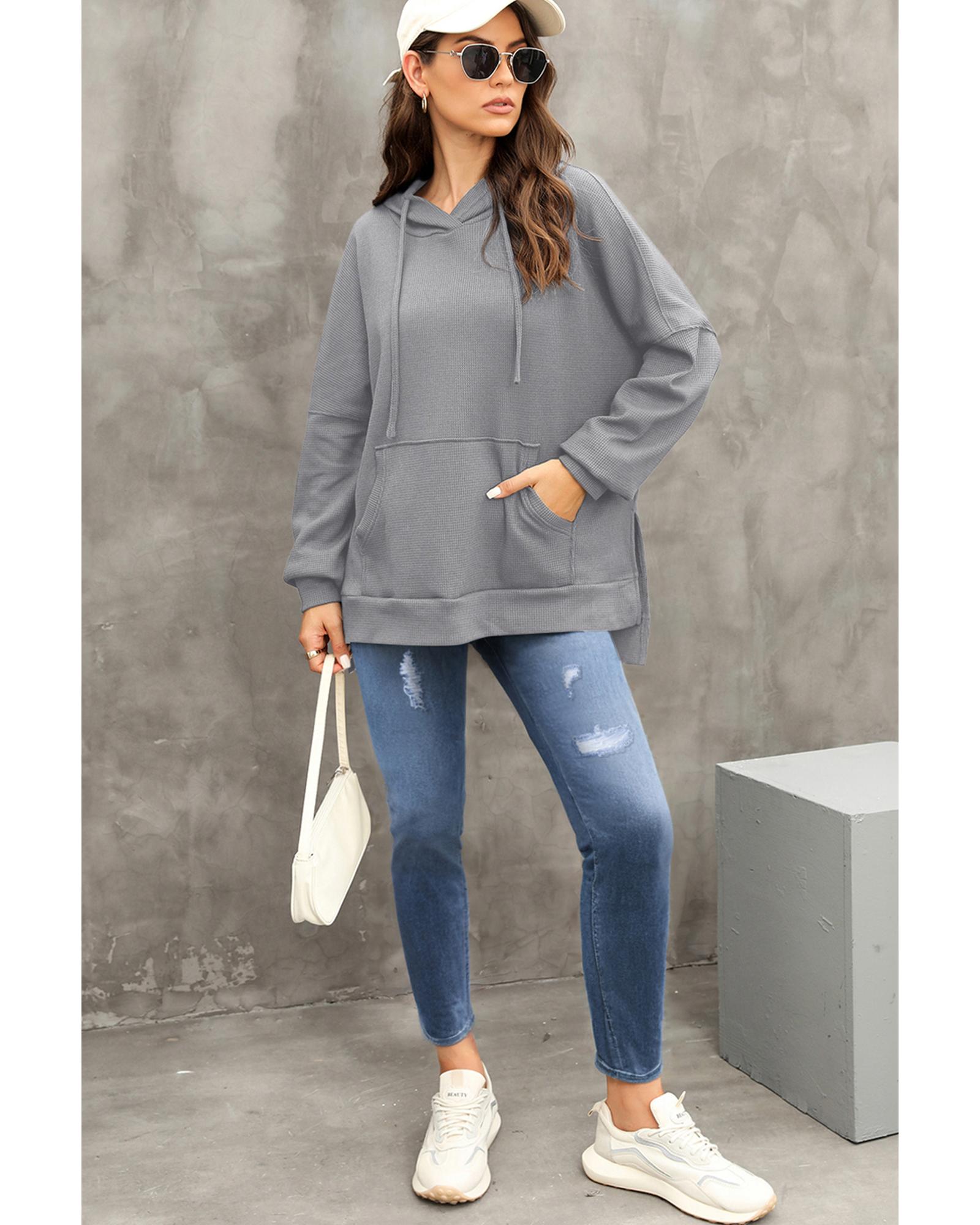 Gray Waffle Knit Fleece Lined High Low Oversized Hoodie - Image 3