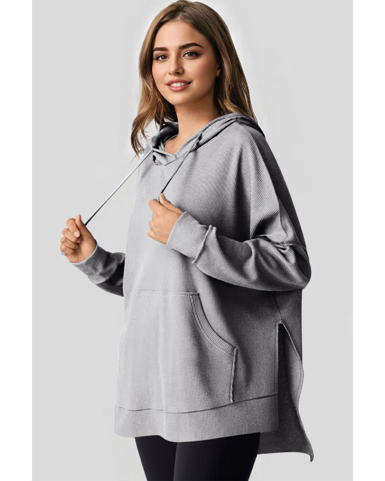 Gray Waffle Knit Fleece Lined High Low Oversized Hoodie - Image 5