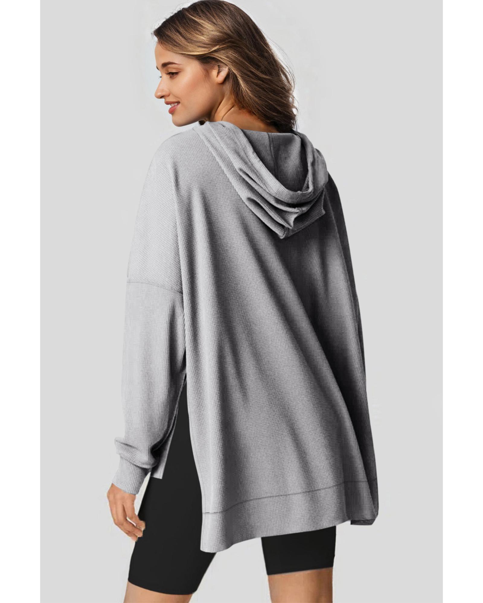 Gray Waffle Knit Fleece Lined High Low Oversized Hoodie - Image 6