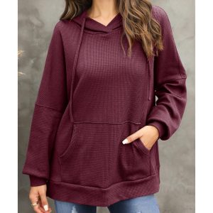 Red Dahlia Waffle Knit Fleece Lined High Low Oversized Hoodie