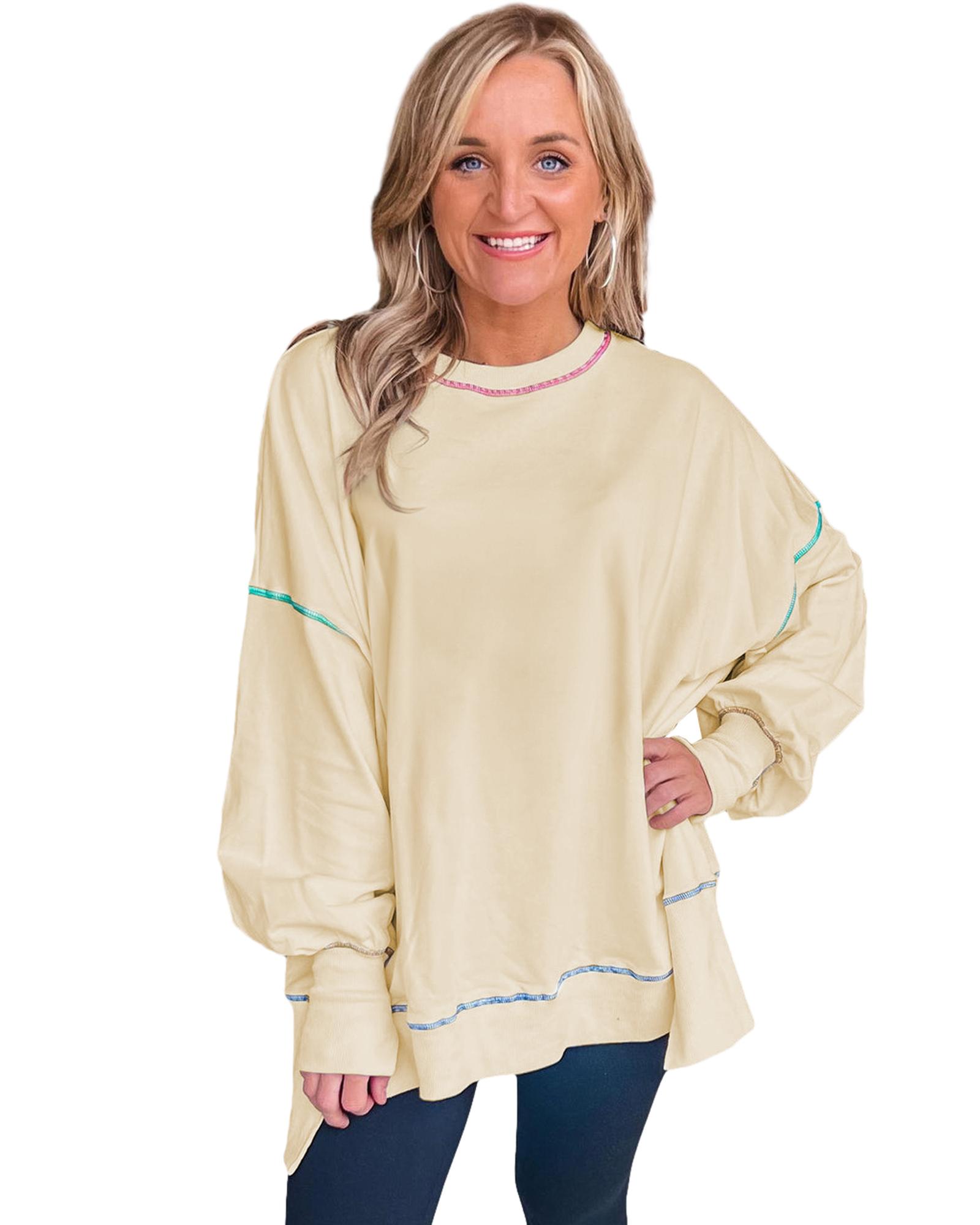 Contrast Stitching Split Baggy Sweatshirt - Image 2