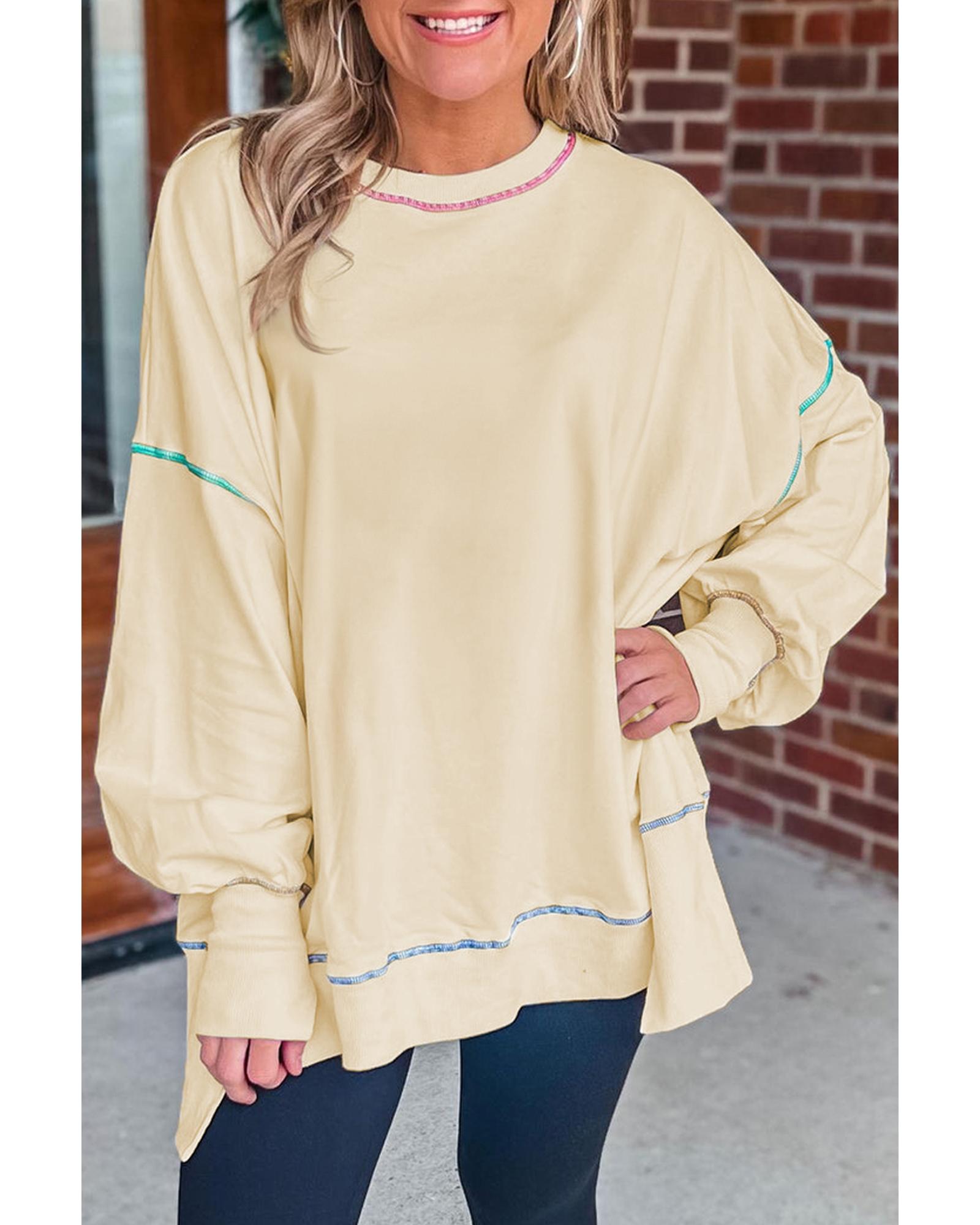 Contrast Stitching Split Baggy Sweatshirt - Image 3