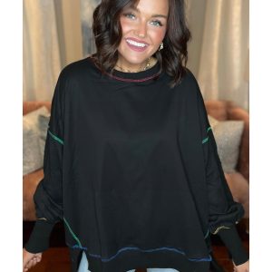 Black Contrast Stitching Split Baggy Sweatshirt