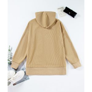 Simply Taupe Solid Ribbed Knit Buttoned Drop Shoulder Oversized Hoodie