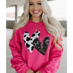 Strawberry Pink Cow & Sequin Double Heart Patch Graphic Sweatshirt