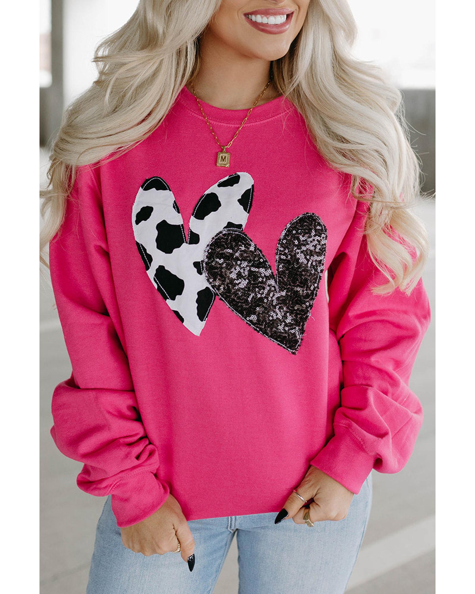 Strawberry Pink Cow & Sequin Double Heart Patch Graphic Sweatshirt - Image 2