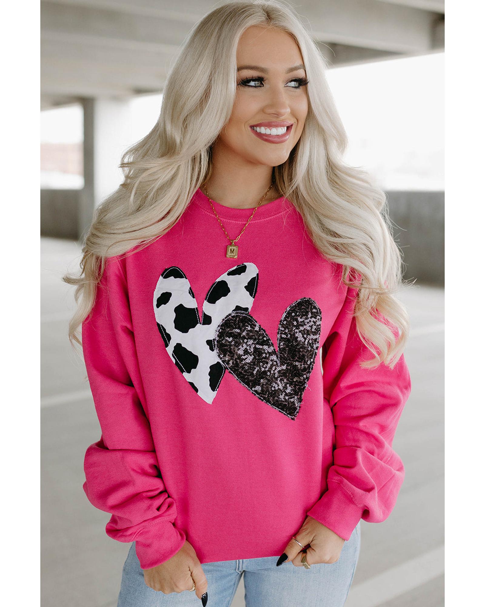 Strawberry Pink Cow & Sequin Double Heart Patch Graphic Sweatshirt - Image 3