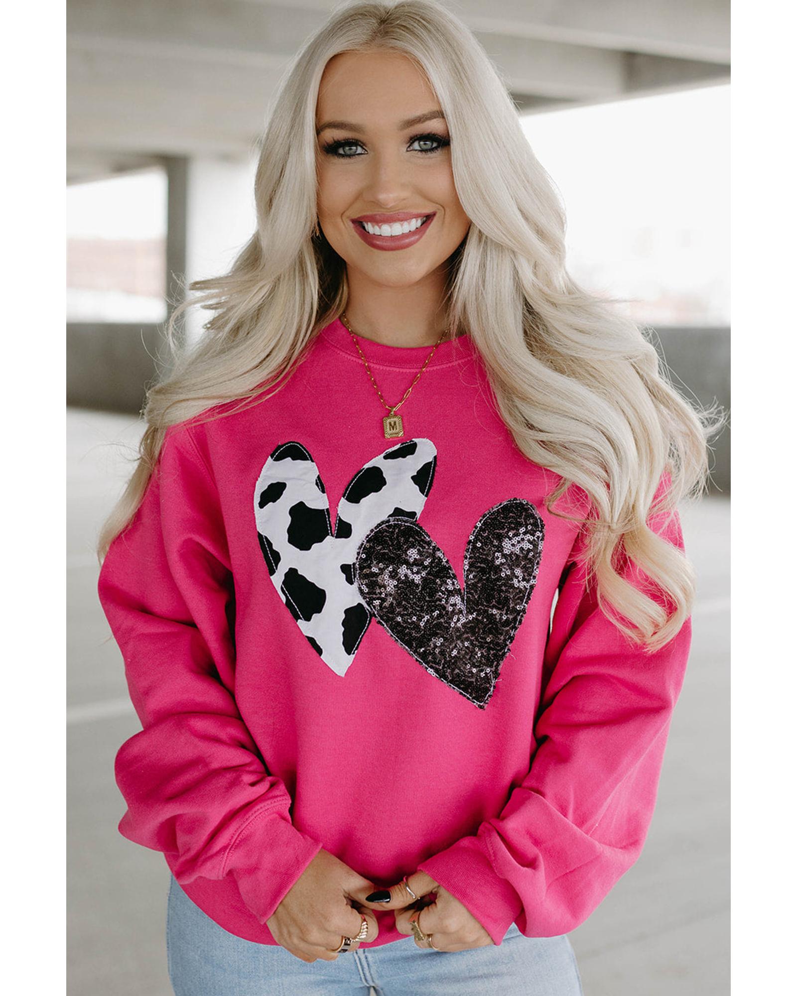 Strawberry Pink Cow & Sequin Double Heart Patch Graphic Sweatshirt - Image 4