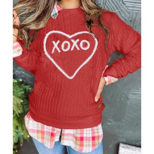 Racing Red Heart XOXO Chenille Embroidered Textured Sweatshirt