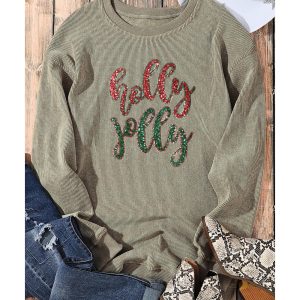 Green Sequined holly jolly Graphic Corded Sweatshirt