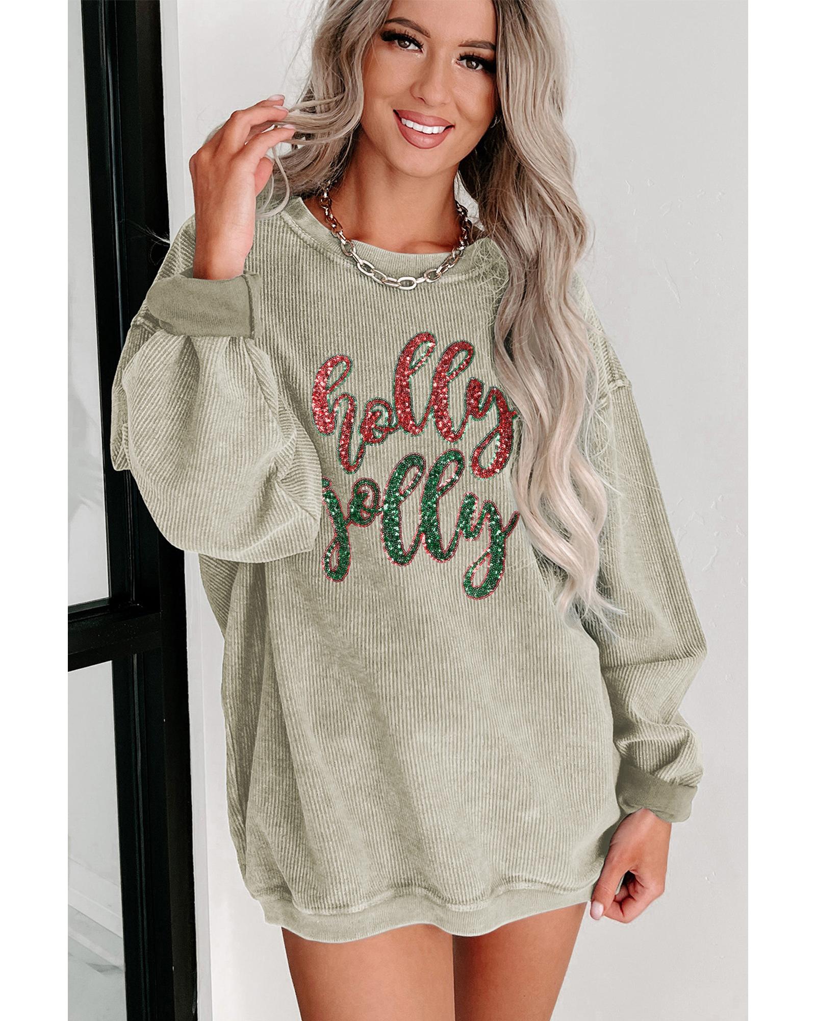 Green Sequined holly jolly Graphic Corded Sweatshirt - Image 2