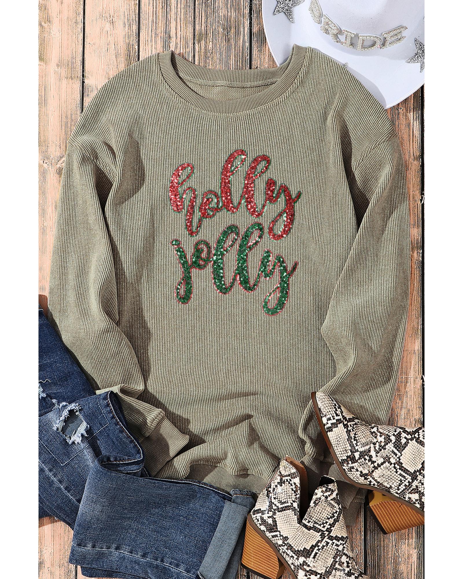 Green Sequined holly jolly Graphic Corded Sweatshirt - Image 3